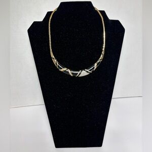 Monet VTG Black Enamel Gold Tone Rhinestones Choker Bib Necklace Deco Style 1980